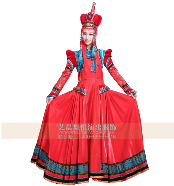 艺晨舞悦蒙古族红色盛装女民族舞蹈表演服蒙古舞蹈服装