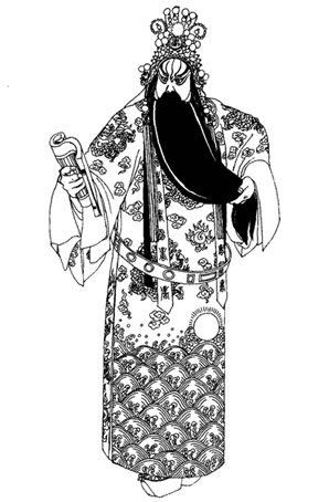 戏曲舞台服装《古城会》京剧绿团龙蟒袍定制服装手绘稿！