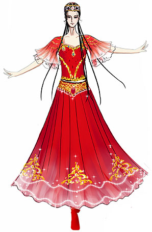 新疆舞蹈演出服装设计与定制红色表演摆裙演出服装设计！