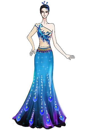傣族女孔雀女羽毛演出服装定制,蓝色经典民族舞蹈服装设计！