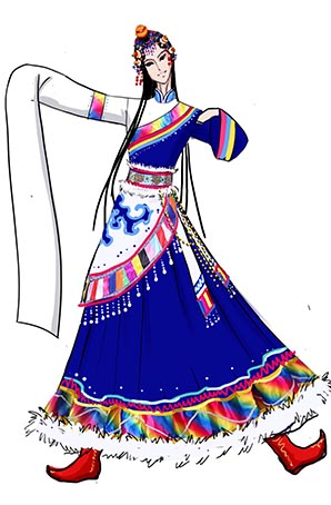 蓝色藏族女款舞蹈演出服装设计图！