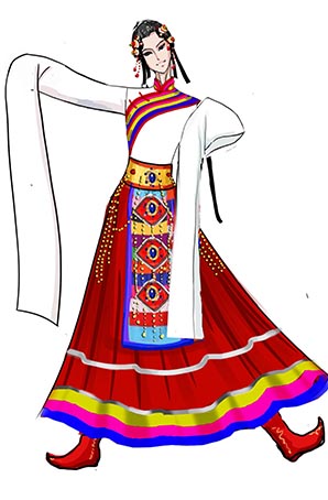 舞台表演服装藏族长袖舞蹈演出服装设计图！