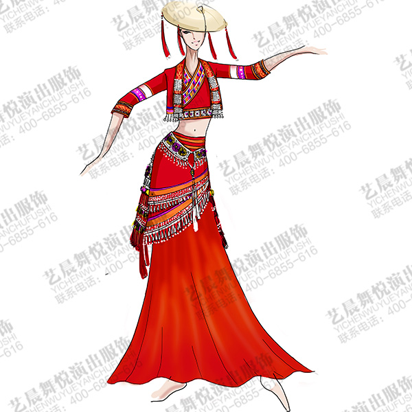 花腰傣族舞蹈演出服装女红色傣族舞台服装定制