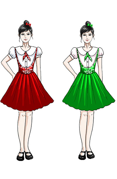 校园儿童合唱礼服女儿红绿蓬肩裙设计