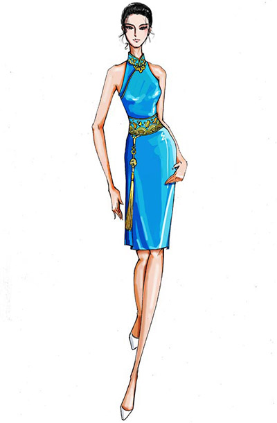 中式新款舞台演出礼服设计藏青色无袖演出短裙礼服设计！
