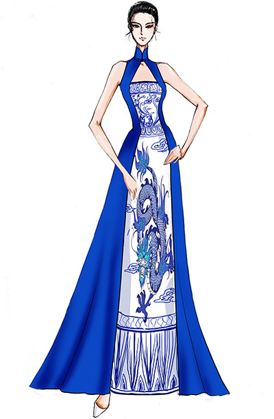 中式舞台演出服装蓝色青花礼服设计与定制！