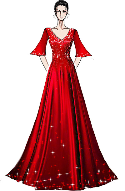 红色舞台演出礼服设计鸡心领舞台钢琴师演出礼服设计！