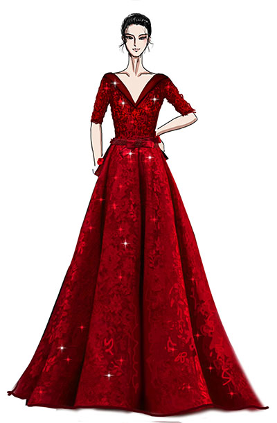 大型舞台演出服装蕾丝红色V领钢琴师舞台演出礼服设计与定制！