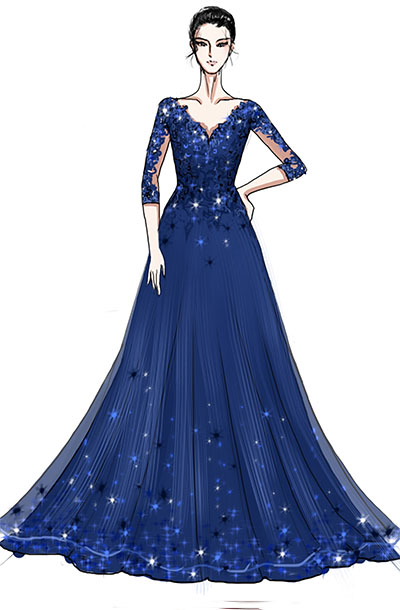 舞台演出服装设计钢琴师蓝色蕾丝V领演出礼服设计与定制！