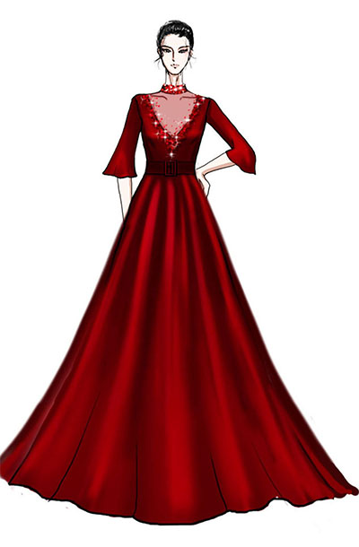 大红色长款音乐会演出礼服设计与定制舞台礼服表演服装设计与定制款式！