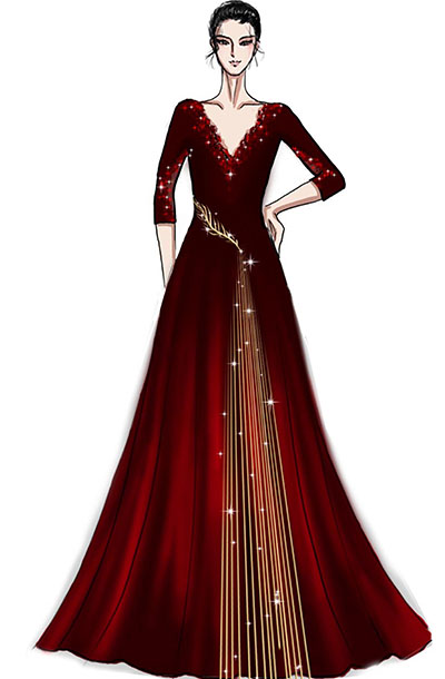 音乐会镶边女士礼服设计与定制大红色绒布演出礼服定制!