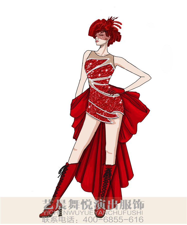 巡游演出服装设计红色装扮裙威尼斯狂欢节演出服装设计！
